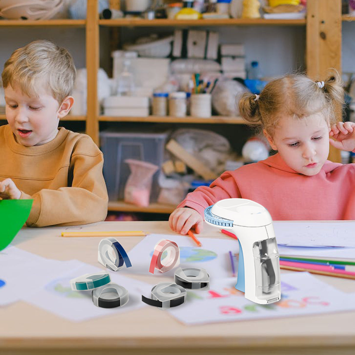 Aken Embossing Label Makers, OmegaS 3D Embosser Handheld Embossed Label Maker, Retro Portable Lettering Embossed Labeler with 5 Black Embossing Labels for Office Home DIY Organization, Blue