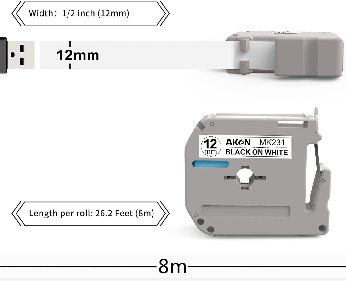 Aken M-K231 Label Tape Compatible with Brother P Touch M Tape 12mm 0.47 Inch M-K231s Tape, Work with PT-M95 PT-90 PT-80 PT-70BM PT-70 PT-65 Label Maker, Black on White, 4 Pack