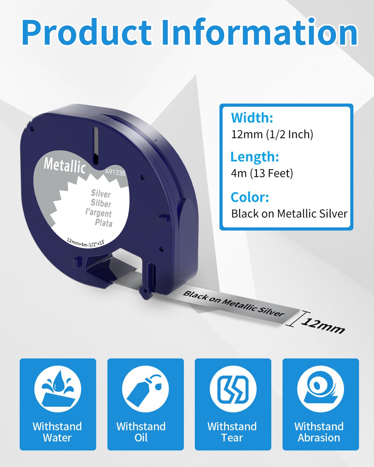Aken Etikettenband Kompatibel mit Dymo Letratag Etikettenband Metallic Silber 12mm x 4m 91338 A91338 Kompatibel mit Dymo LetraTag 200B LetraTag LT-100H Plus LT100T Letratag XR, 3 Rolle