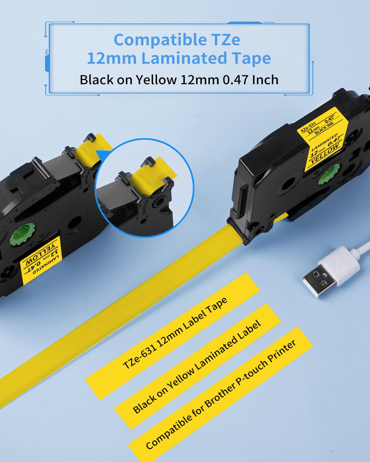 Aken Nastro Compatibile per Brother TZe-631 TZe631 P Touch 12 mm 0.47 Nero su Giallo Laminato per Brother P touch H110 H107B H105 H100LB H1010, confezione da 3