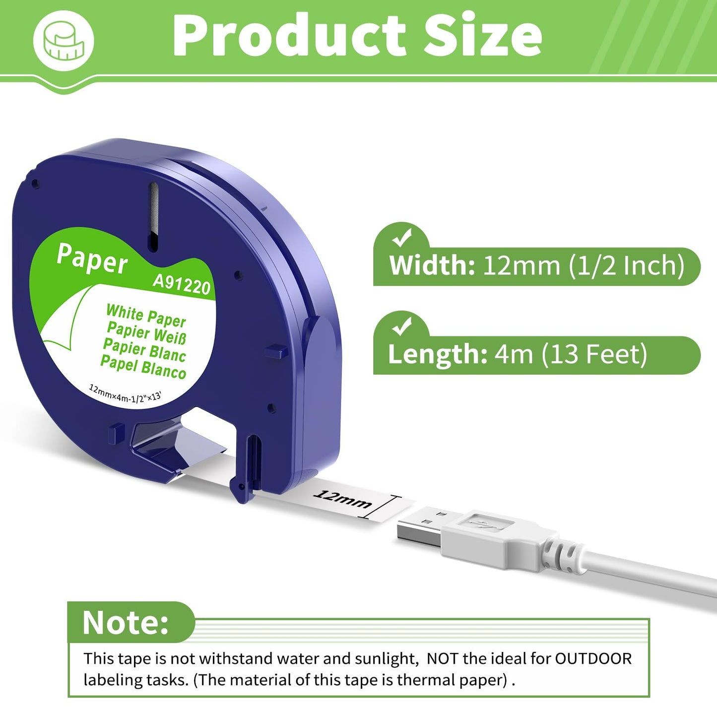 Aken Etikettenband Kompatibel mit Dymo Letratag Papier Etikettenband 91220 Schwarz auf Weiß Paper White 12mm x 4m (10697 91200 S0721520) Kompatibel mit Dymo LetraTag XR XM LT-100H LT-100T LT-110T