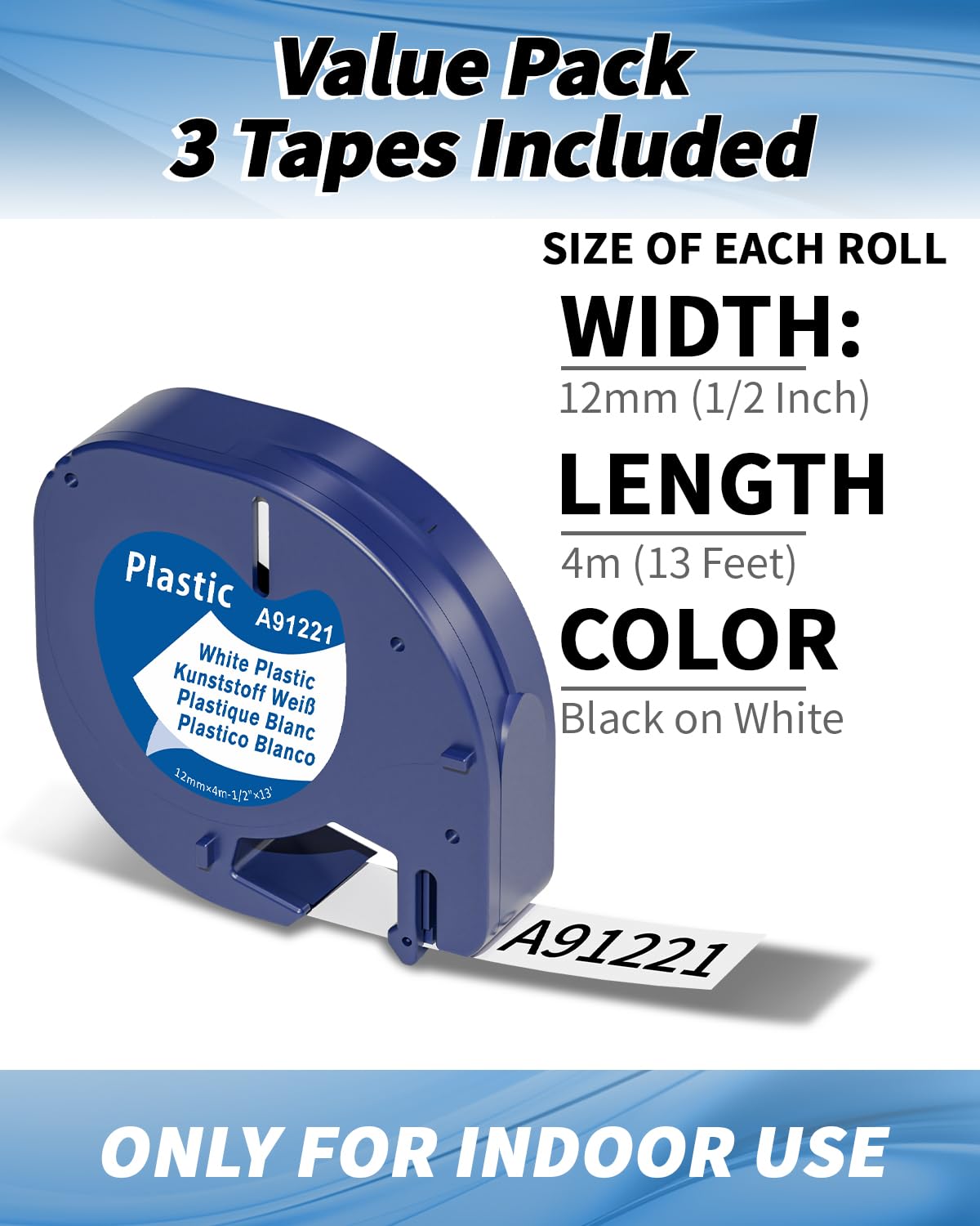 Aken Cintas de Etiquetas Compatible para Dymo LetraTag Recambio Plástico Cinta S0721610 91201, Negro sobre Blanco 12mm x 4m Compatible para Dymo LT-100H LT-100T LT-110T QX50 XR XM