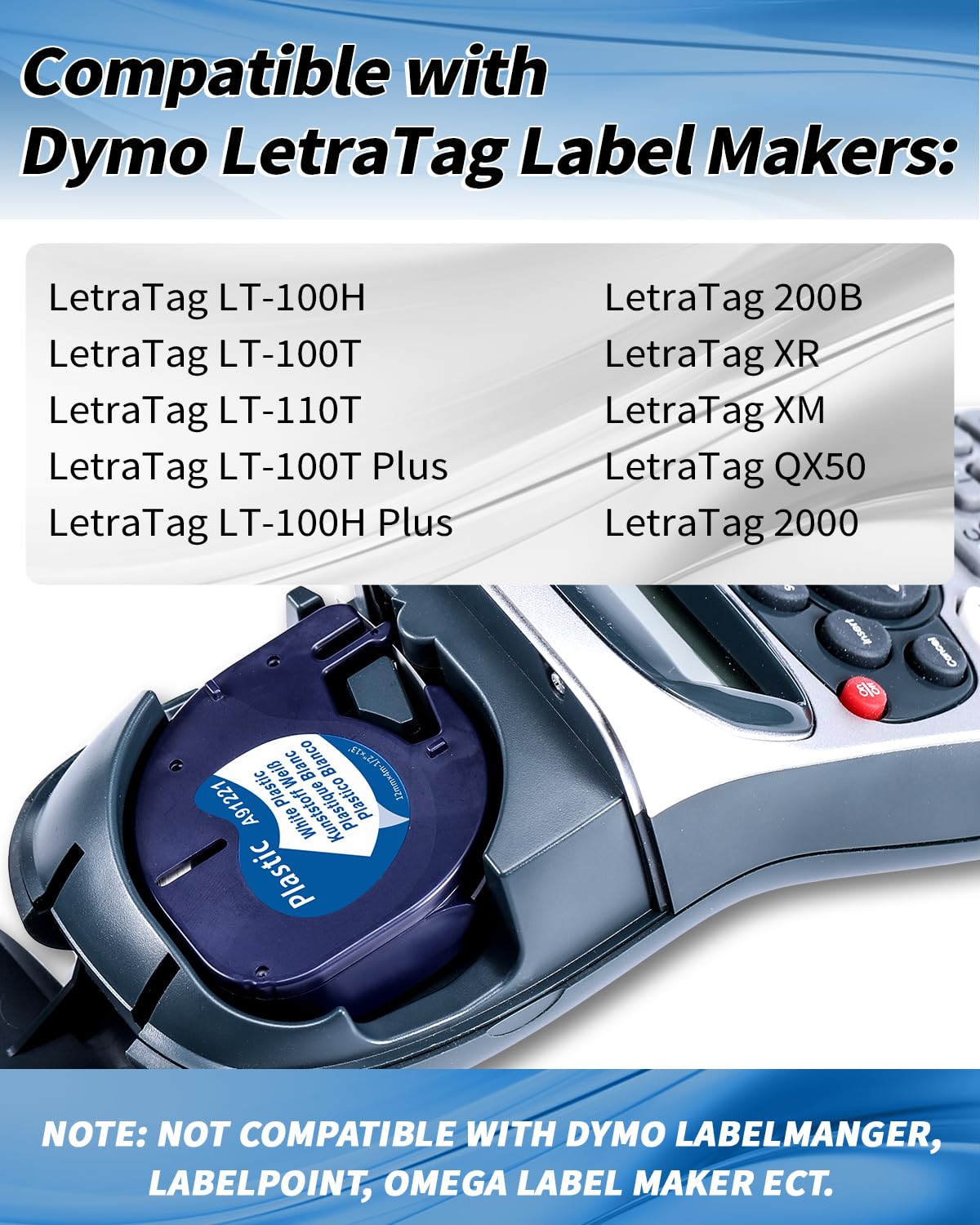Aken Cintas de Etiquetas Compatible para Dymo LetraTag Recambio Plástico Cinta S0721610 91201, Negro sobre Blanco 12mm x 4m Compatible para Dymo LT-100H LT-100T LT-110T QX50 XR XM