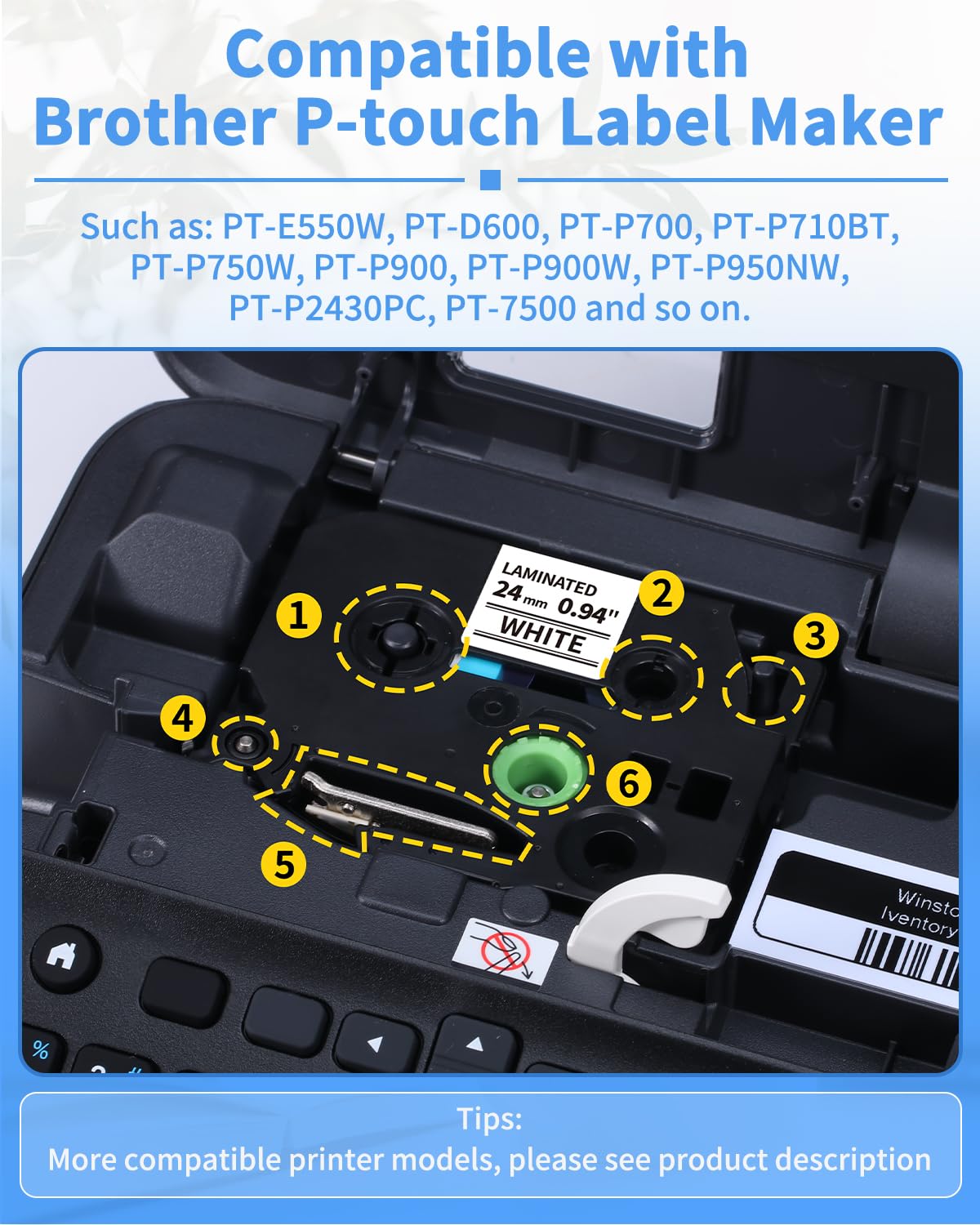 Aken Kompatibel mit Brother TZe-251 24mm Schriftband P touch Tape Weiß TZe251 AZe-251 TZ251 für Beschriftungsgerät Brother Ptouch 2430PC 2730 Cube D600VP D600 P710BT Bänder, 5er Packung