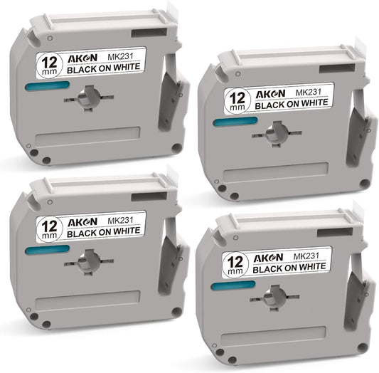 Aken M-K231 Label Tape Compatible with Brother P Touch M Tape 12mm 0.47 Inch M-K231s Tape, Work with PT-M95 PT-90 PT-80 PT-70BM PT-70 PT-65 Label Maker, Black on White, 4 Pack