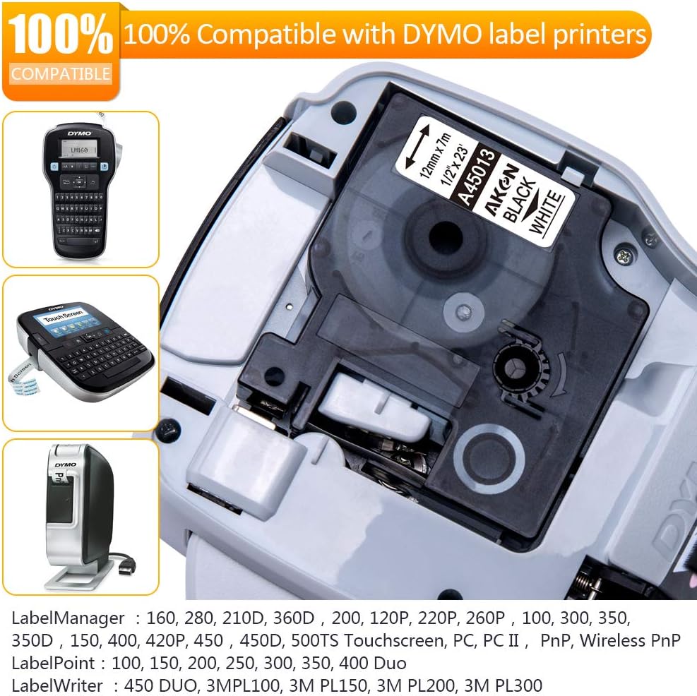 Aken 6-Pack Compatible with Dymo D1 Label Tape 45013 Compatible Dymo A45013 Label Maker Refills, Use for LabelManager 160 280 210D 360D 420P Wireless PnP 220P 450D, Black on White 1/2 Inch x 23Ft