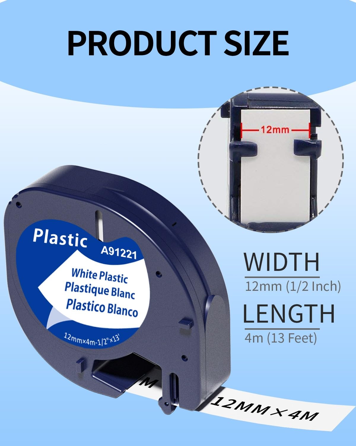 Aken Compatible Cinta para Dymo 12mm x 4m Compatible para Dymo Letratag Cinta Etiquetas Plastico negro sobre blanco, S0721610 Compatible para Dymo Letratag LT-100h LT-100T LT-110T XR XM QX50