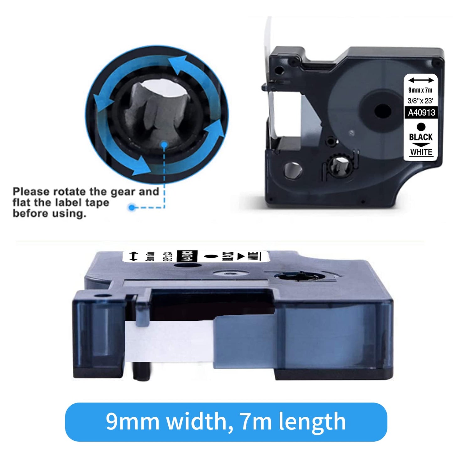 5x Nastro per Etichette Aken Compatibile con Dymo D1 9mm Etichette 40913 s0720680 Compatibile con Dymo LabelManager 160 280 210D 360D 420P, 9 mm x 7 m, 40913, Nero su Bianco