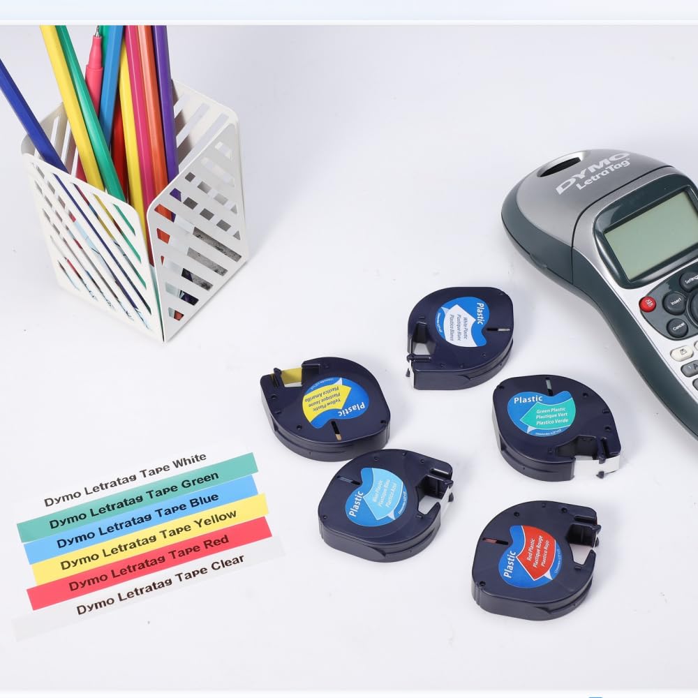 Aken kompatible Bänder als Ersatz für Dymo letraTag Etikettenband Kunststoff 12mm x 4m Farbig, Schwarz auf Weiß/Gelb/Rot/Grün/Blau, für Dymo LT-100H LT-110T QX50 XR 2000, 91221 91222 91223 91224 91225