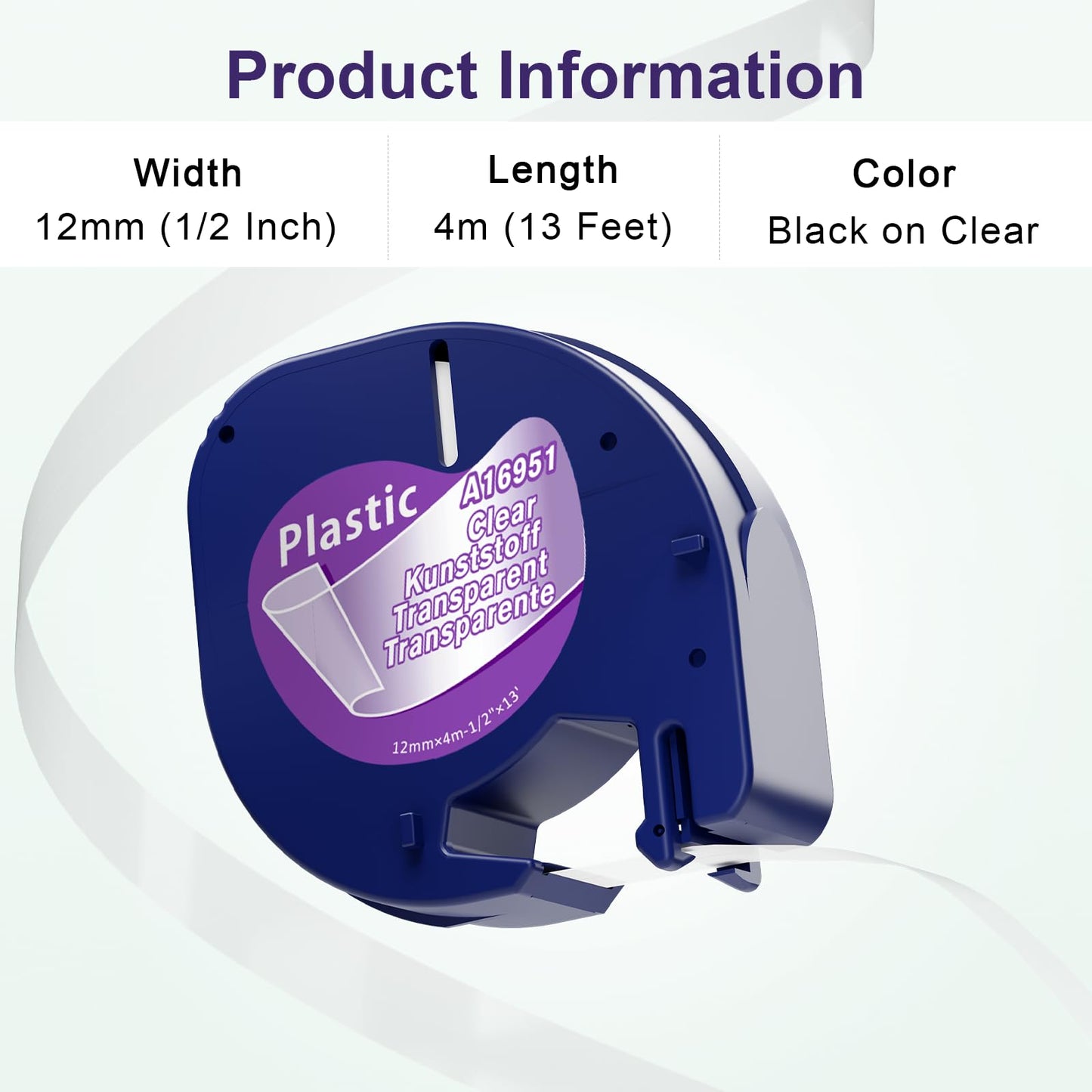 Aken Compatible pour Dymo Letratag Ruban Transparent Compatible pour Dymo LT-100H Letratag XR LT-100T LT-110T Étiqueteuse, Compatible pour Dymo Letratag Ruban Plastique 12mm x 4m S0721530 12267