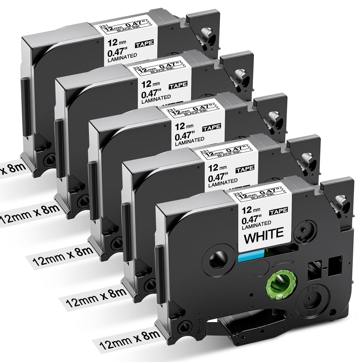 5x Aken Cintas para Brother TZe-231 12mm 0.47 para Etiquetas Ptouch TZe231 TZe-231 Negro sobre Blanco, Label Tape Cassette para Brother P-touch H105 H100LB P300BT 1010 1080 H100R H108GT H107B