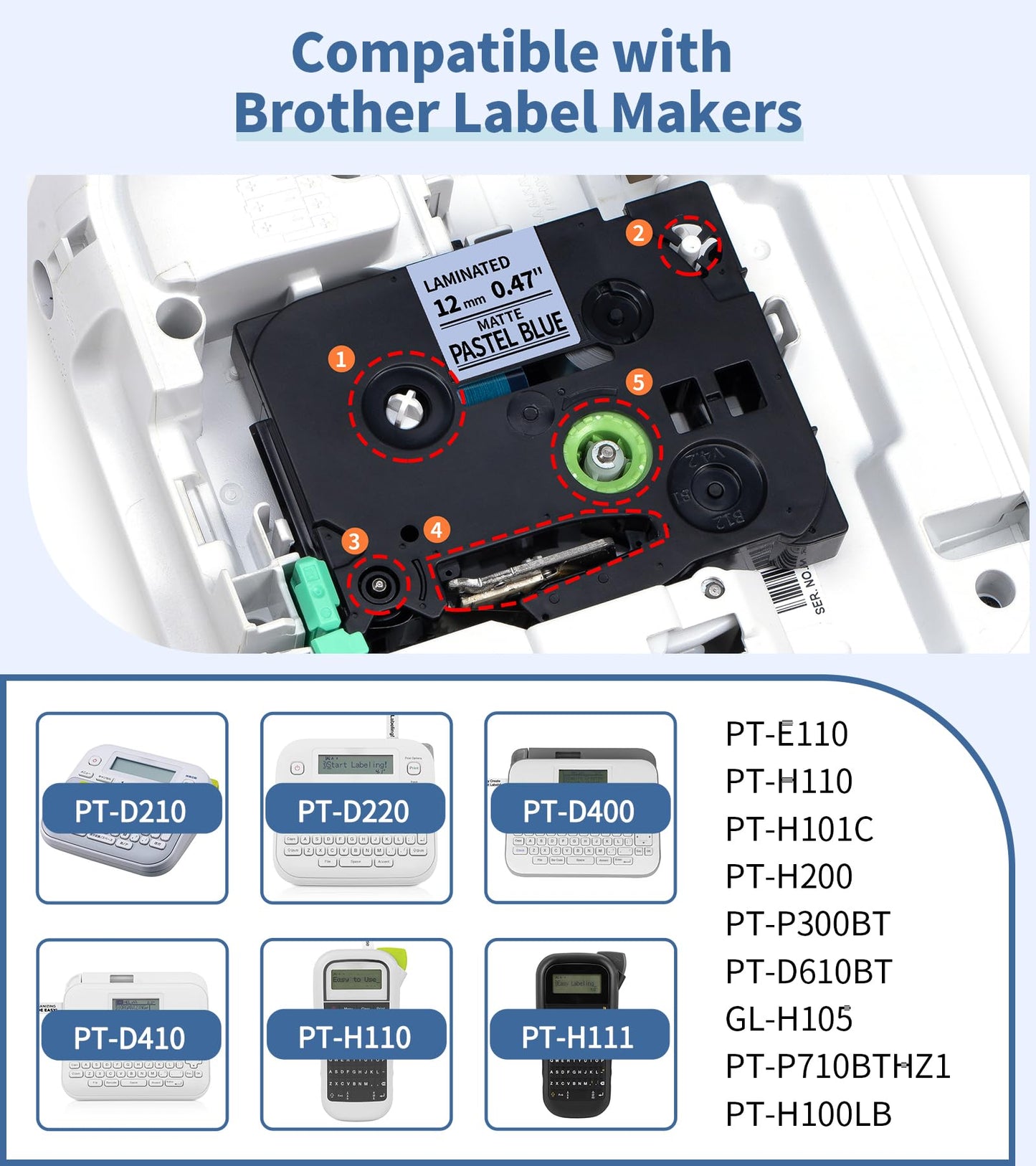Aken Compatible TZe Label Tape 12mm with Brother P Touch Label Printer Tape Compatible with Brother PT-1000 H100R H110 D210 D400, Black on Yellow/Green/Pastel Purple/Pink/Blue