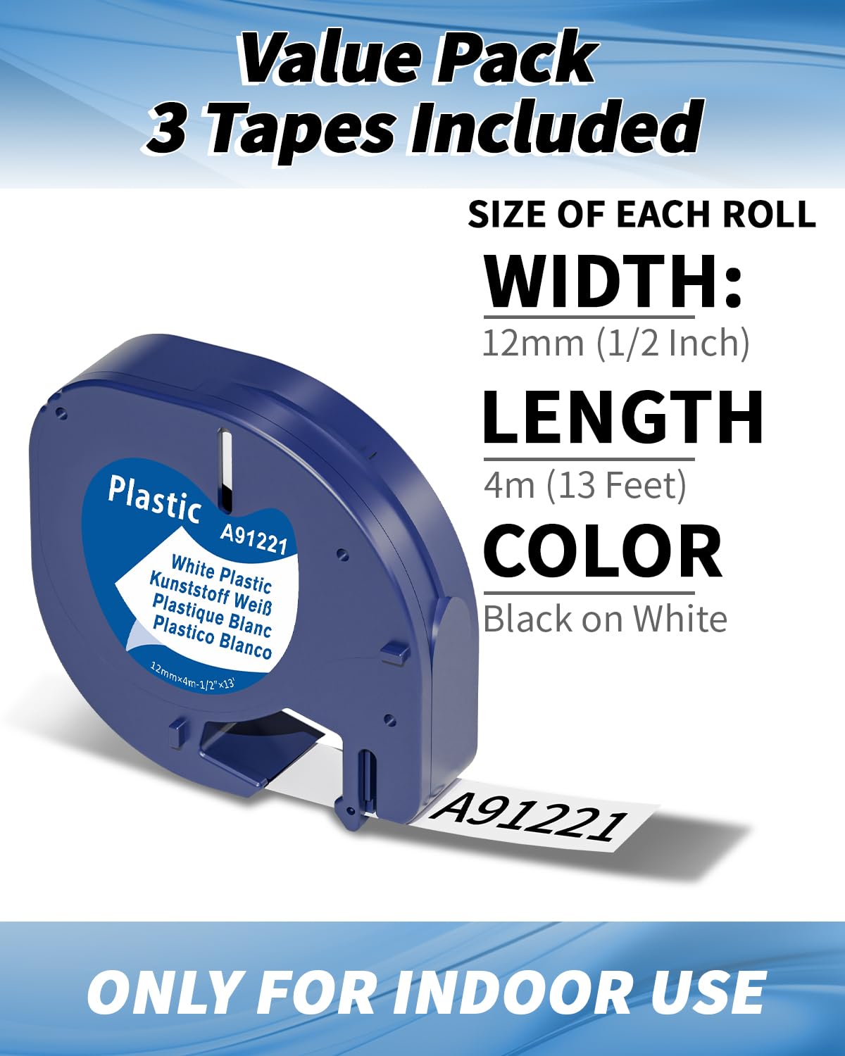 Nastro per Etichette Aken Compatibile con Dymo Letratag 12mmx4m Compatibile con Dymo Letratag 200B LT100H LT100T XR Etichettatrice, Compatibile con LetraTag Etichette plastica Nera su bianco S0721610