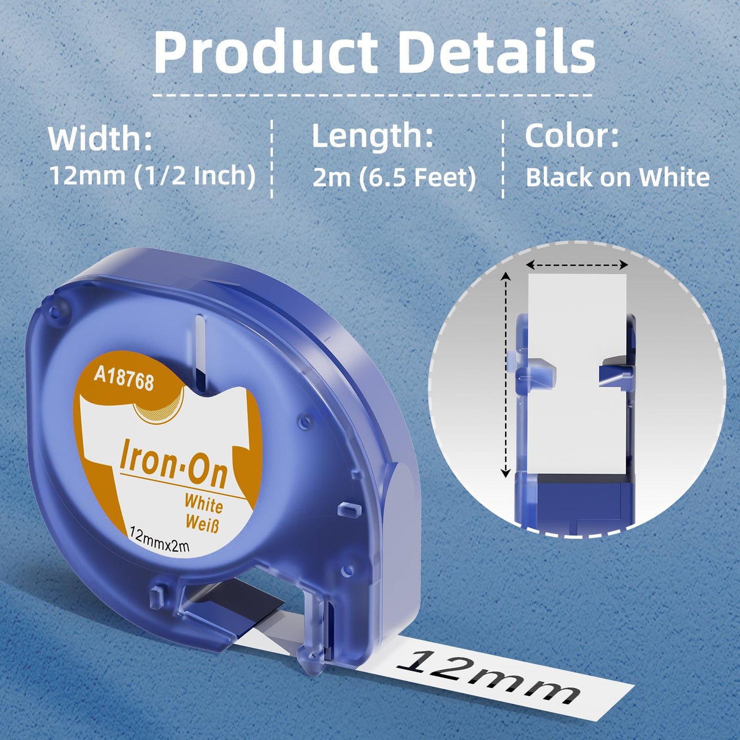 Aken Compatible para Dymo LetraTag Etiquetas Textiles 12mmx2m, Compatible para Dymo Iron On Cinta de Tela Negro sobre Blanco, Compatible para Dymo Letratag LT100H LT100T XR