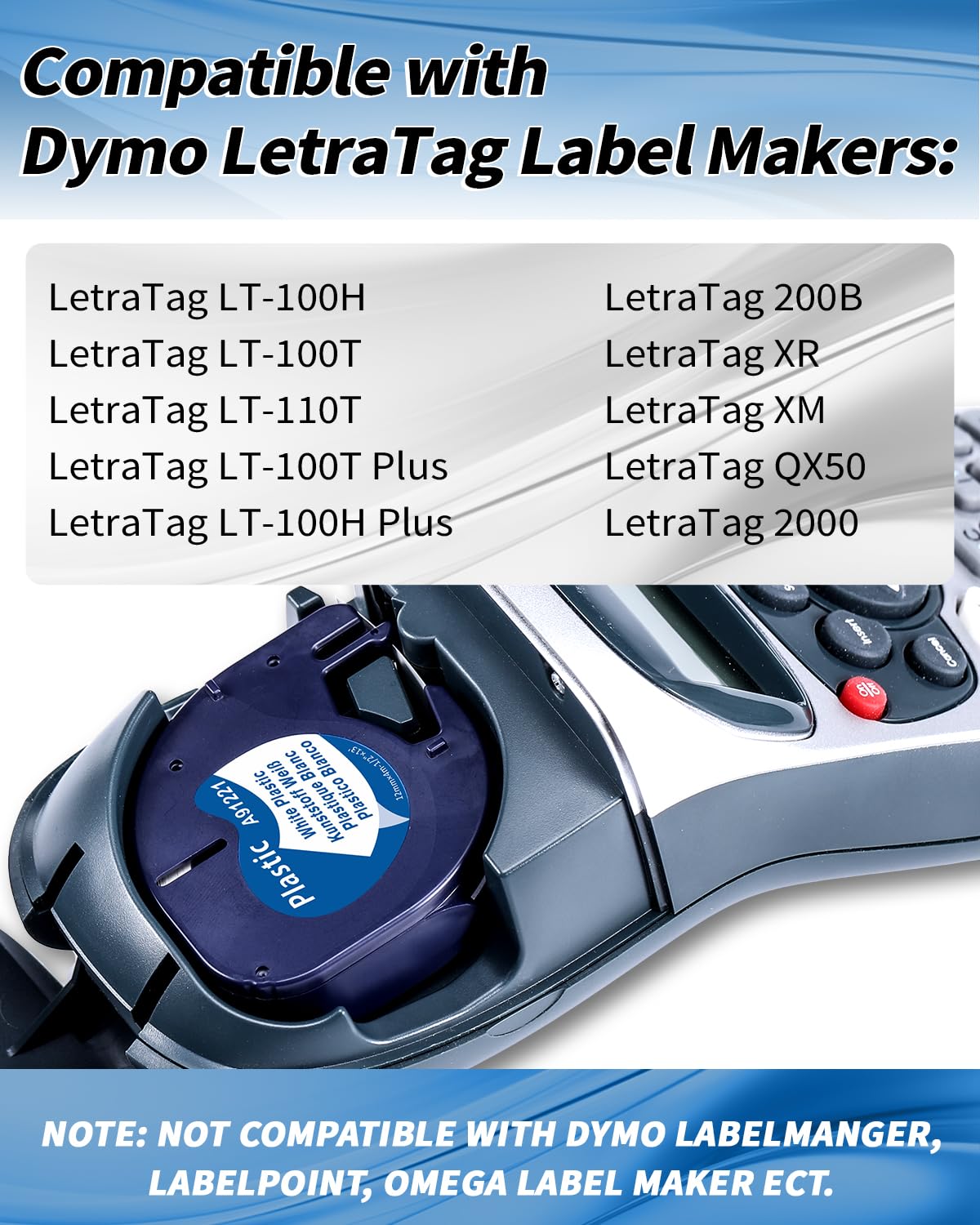 Nastro per Etichette Aken Compatibile con Dymo Letratag 12mmx4m Compatibile con Dymo Letratag 200B LT100H LT100T XR Etichettatrice, Compatibile con LetraTag Etichette plastica Nera su bianco S0721610