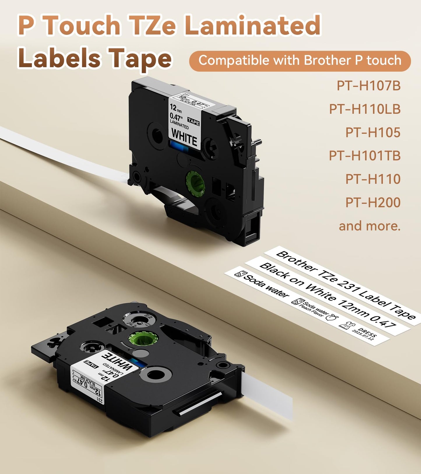 3 x Aken Kompatibel mit Brother P touch Beschriftungsgerät TZe-231 TZe231 12mm 0.47, P touch Bänder TZ Laminierte Schriftband für Brother Ptouch H100LB H101C H105 H107B H1010 P300BT, Schwarz auf Weiß