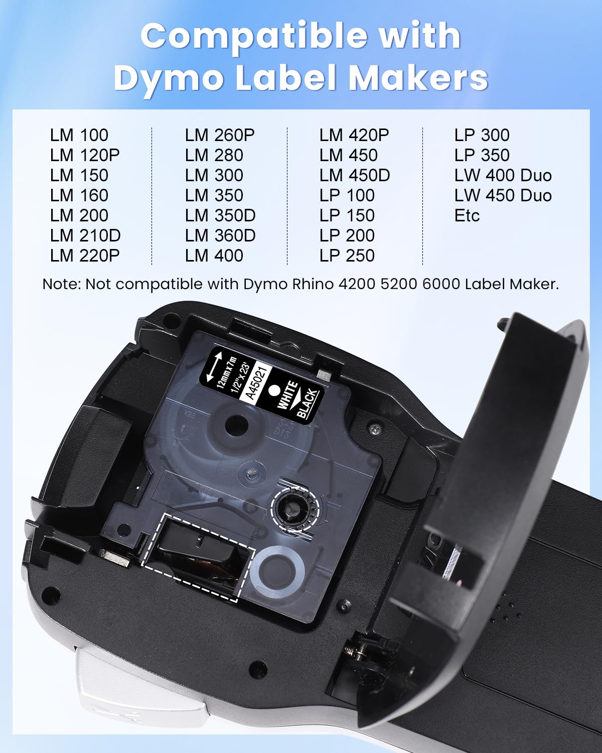 Aken Compatible para Dymo D1 12MM Cinta 45021 A45021 Compatible para Dymo LabelManager 160 LM280 210D 360D 420P, Compatible para Dymo D1 Cinta de Etiquetas de 12 mm x 7 m Blanco sobre Negro