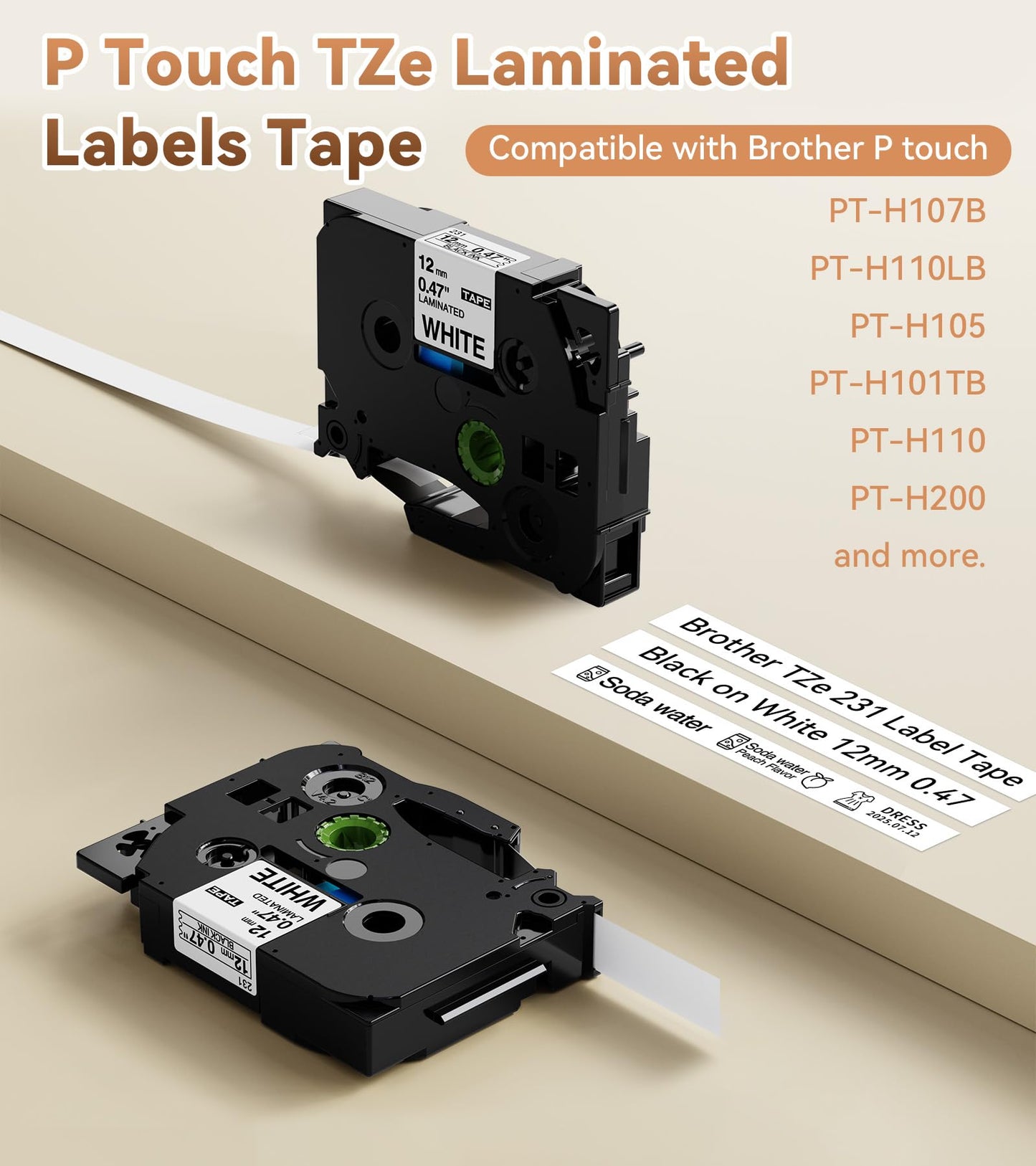 Aken 12x Kompatibel mit Brother Beschriftungsgerät TZe-231 TZe231 12mm 0.47 Tape, für Brother P touch Bänder TZ 12mm x 8m 0.47 Schwarz auf Weiß für P touch H100LB H107B P300BT D400 P710BT Cube