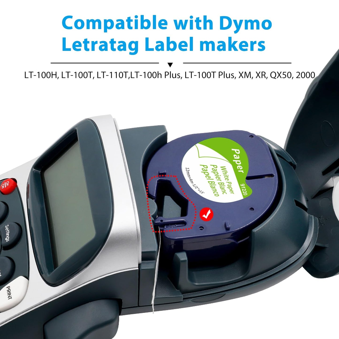 Nastro per Etichette Aken Compatibile con Dymo Letratag 12mm x 4m Nero su Bianco, 91220 Paper White Cartucce Compatibile con Dymo Letratag LT-100T LT-100H 200B XR Etichettatrice