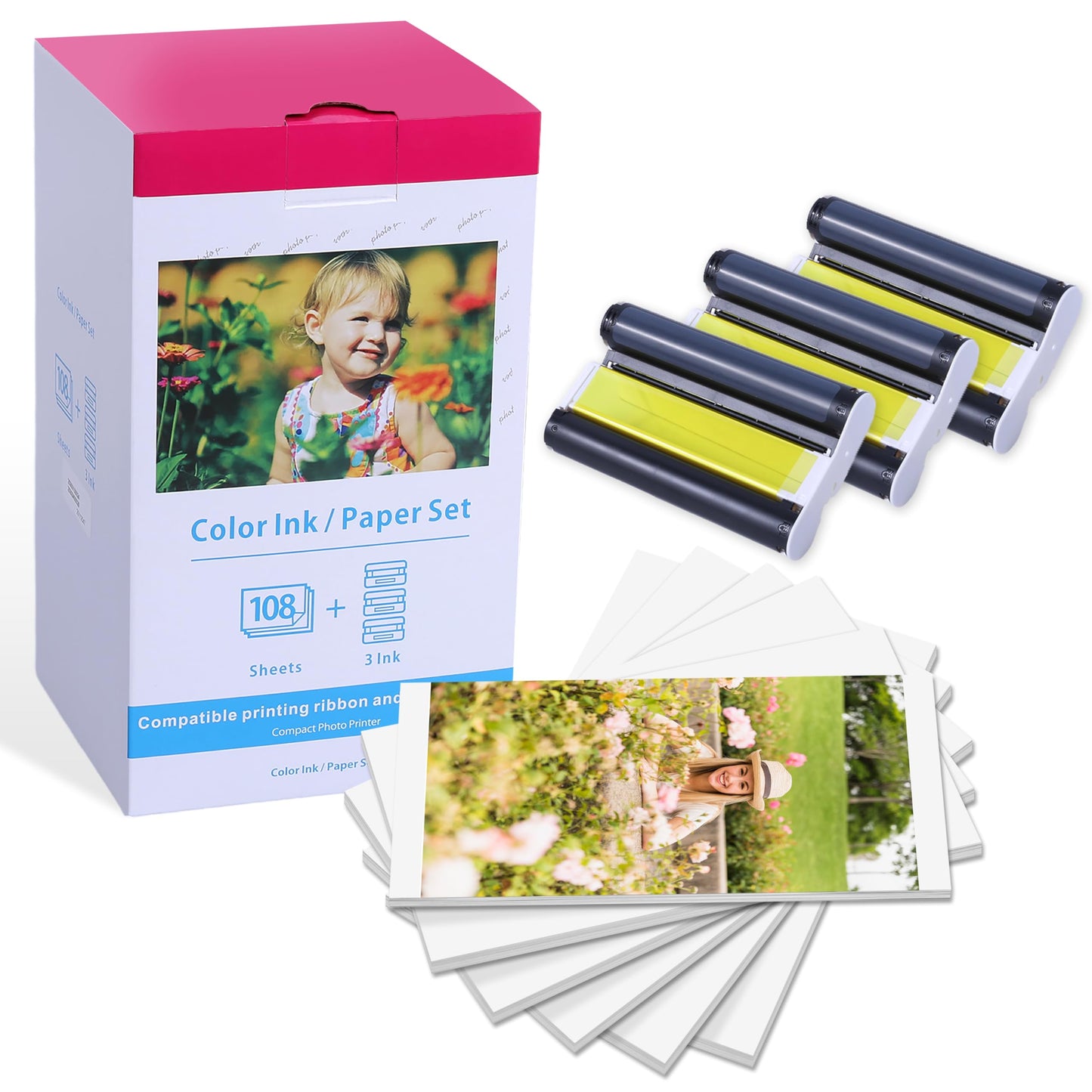 Rechange Canon Selphy CP1300 Papier Photo et Cartouche, pour Canon Selphy CP1500 CP1200 CP1000 CP910, Compatible KP-108IN 3115B001(AA), 3 Cartouche Imprimante et 108 Feuilles Papier (100x148mm)