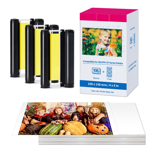 Compatible Canon Selphy CP1300 Ink and Paper KP-108IN KP108 for Canon Selphy CP1500 CP1300 CP1200 CP1000 CP910 CP900 CP810 CP Photo Printer,3 Color Ink Cartridges and 108 Sheets Glossy 4x6 Photo Paper