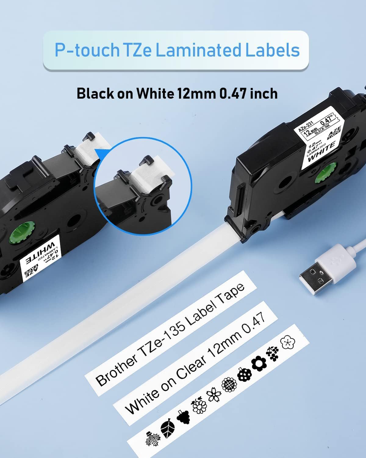 Compatible Brother P Touch Label Maker Tape TZe-231 TZ-231 12mm 0.47 inch Laminated White,for Brother PT-D210,PT H100, PTH110, PTD600, PTD400AD Label Maker, Black on White, 1/2 Inch x 26Ft, 4-Pack