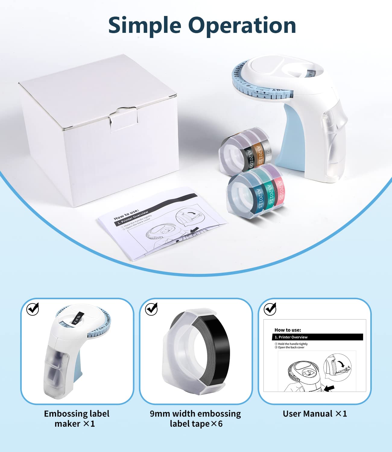 Aken Omega S Embossing Label Maker Machine with Tapes, 3D Vintage Embosser Handheld Label Printer,Portable Lettering Embossed Labeler with 6 Colors Embossing Tape for Office Home DIY Organization
